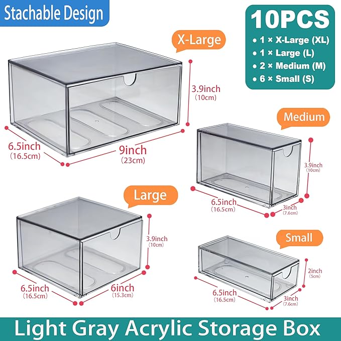 10 Pack Acrylic Makeup Organizer Clear Stackable Desk Organizers Dustproof Drawer for Make Up,Jewelry,Pen, Stationary-NeatNest