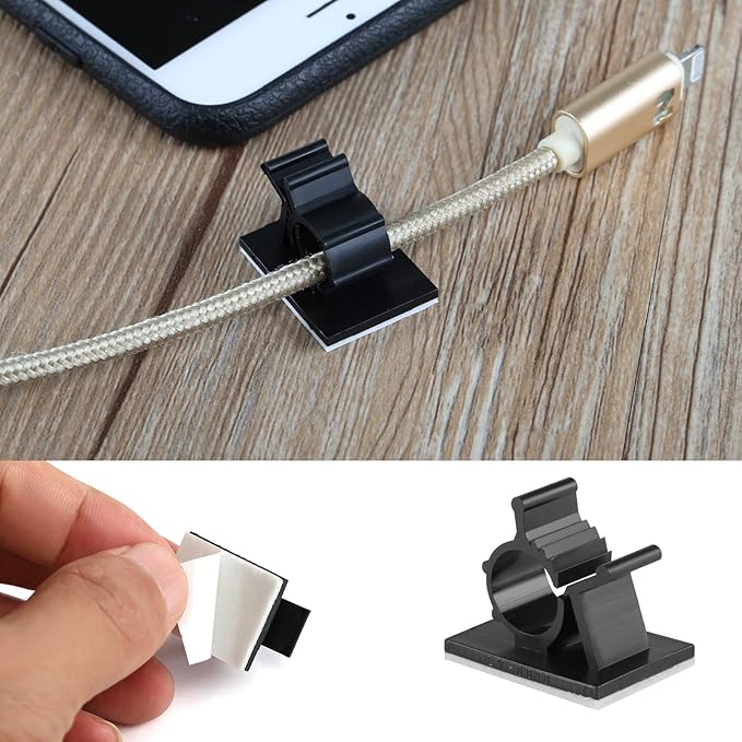 GWHOLE 60Pcs Adhesive Cable Clips, Adjustable Cable Cord Organizer Wire Management Clip 3m Wire Holder for Car Office and Home, Black-NeatNest