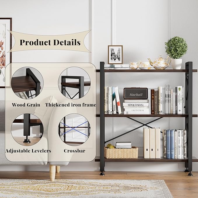 3 Tier Bookshelf Bookcase, 35.5'' Width Wood & Metal Open Book Shelf, Freestanding Industrial Display Shelf, Rustic Storage Shelves Organizer for Home Office, 300 lbs/Level