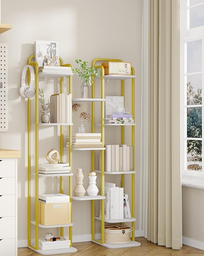 8 Tiers Vertical Shoe Rack, Narrow Shoe Tower, Tall Shoes Shelf with 2 Hooks, Adjustable Shelves, Corner Shoes Shelves for Small Spaces, Entryway, Living Room, White Gold SR04313A-NeatNest