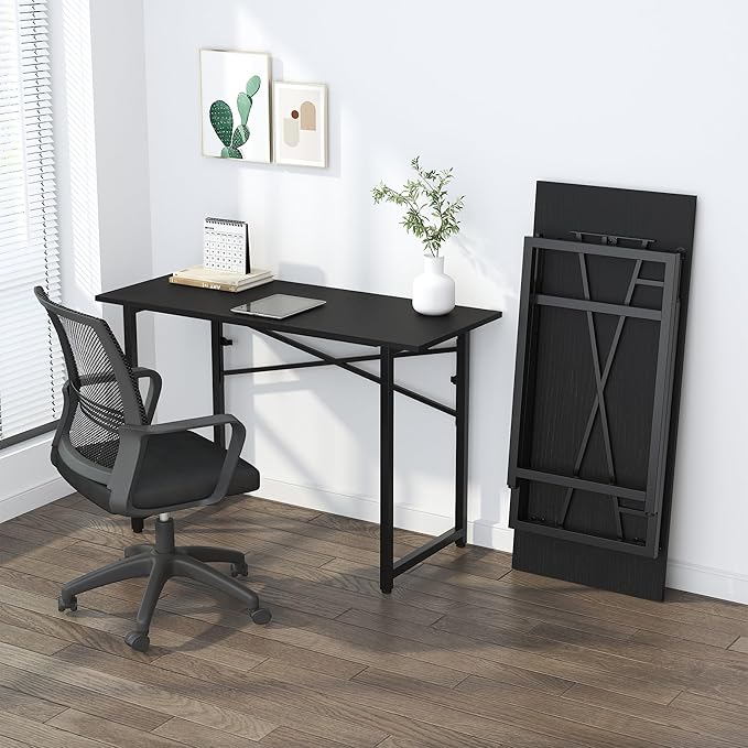 Folding Computer Desk 47 inch Writing Gaming Computer Camping Table, No Assembly Required Home Office Desk, Black-NeatNest