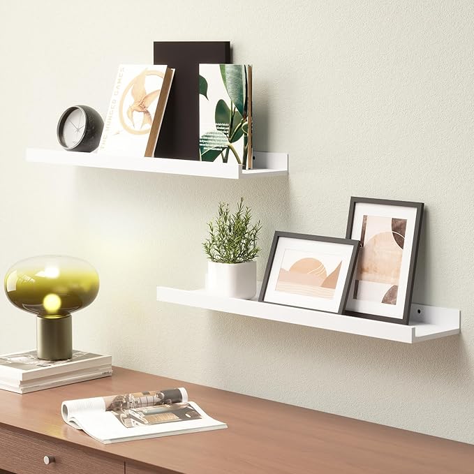 23.6 Inches Long Floating Shelves Wall Mounted, 2 Set Modern White Wall Shelf for Bedroom, Nursery Book Shelf with Lip, Picture Ledge Shelf for Wall Decor Living Room Bathroom Kitchen- White-NeatNest