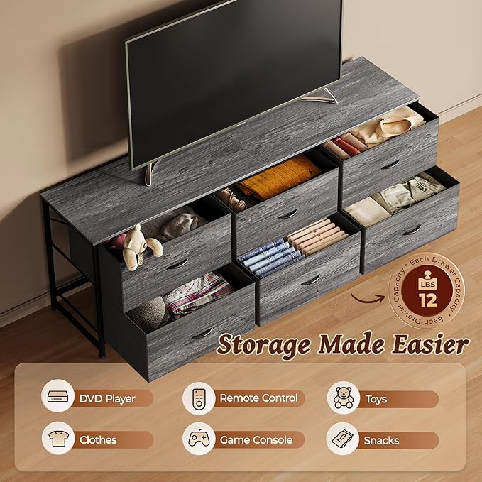 Huuger 63 Inch Long Dresser for Bedroom, Wide TV Stand for 55, 65, 70 Inch TV, 6 Drawer Dresser for Closet with Fabric Drawers, Storage Organizer for Bedroom, Entryway, Grey-NeatNest