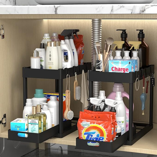 2PC Under Sink Organizer Rack 2 Tier Under Sliding Cabinet Basket Organizer Drawer with 4 Hooks, Multi-purpose Under Sink Storage for Bathroom Kitchen Desktop（Black）-NeatNest