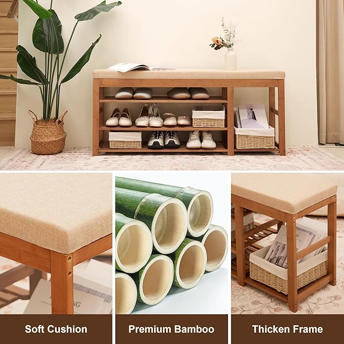 47.2 in Shoe Rack Bench with Cushion, 3 Tier Bamboo Entryway Bench with Storage for Entryway, Hallway, Bedroom, Living Room-NeatNest