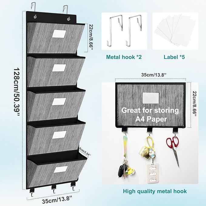 homyfort Over the Door File Organizer, Hanging File Folders, Wall Organizers and Storage for Mail, Magazine, Notebooks, Planners, Office, Classroom, 5 Extra Large Pockets, 50.39” Tall (Black)-NeatNest