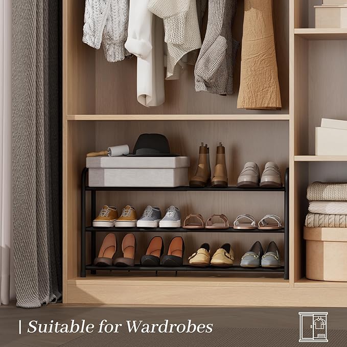 Expandable Shoe Rack, Adjustable Shoes Organizer Metal, Space-Saving Storage Shelf for Closet, Entryway, Front Door & Hallway,Sturdy and Easy Assembly (Black, 3-Tier)