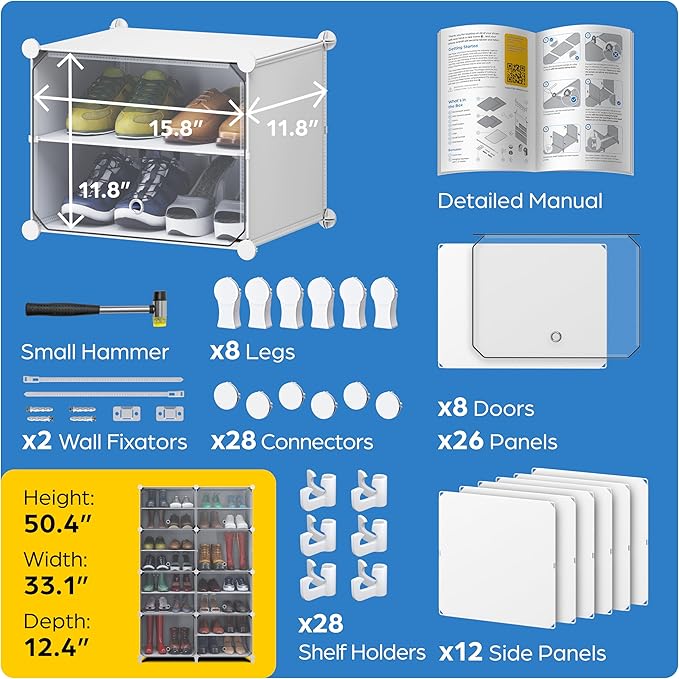 Shoe Organizer Cabinet Up to 32 Pairs, Shoe Closet-Portable Closed Shoe Rack with See-Through Door (Clear, Plastic, Stackable) Cubby Shoes Organizer with Covers, Hooks & Pockets, White-NeatNest