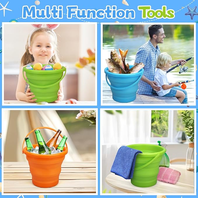 Foldable Beach Sand Toy Bucket for Kids Adults, Jumbo Collapsible Sandbox Bucket, Foldable Pail with Mesh Bag, Multi Use for Garden Beach, Camping, Easter Basket Gift, Fishing, Travelling 3PCS-NeatNest