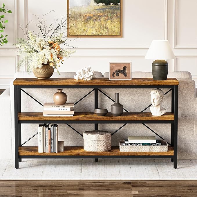 3-Tier Console Table, 55.1" Entryway Table with Metal Frame and Open Shelves, Modern Behind Couch Sofa Table for Living Room, Hallway, Foyer, Entrance, Industrial, Bookshelf, Rustic Brown-NeatNest