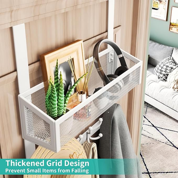 HapiRm Over The Door Hanger - Over The Door Hooks with Mesh Basket and 16 Hooks, 304 Stainless Steel Storage Organizer for Bathroom, Bedroom, Kitchen-White
