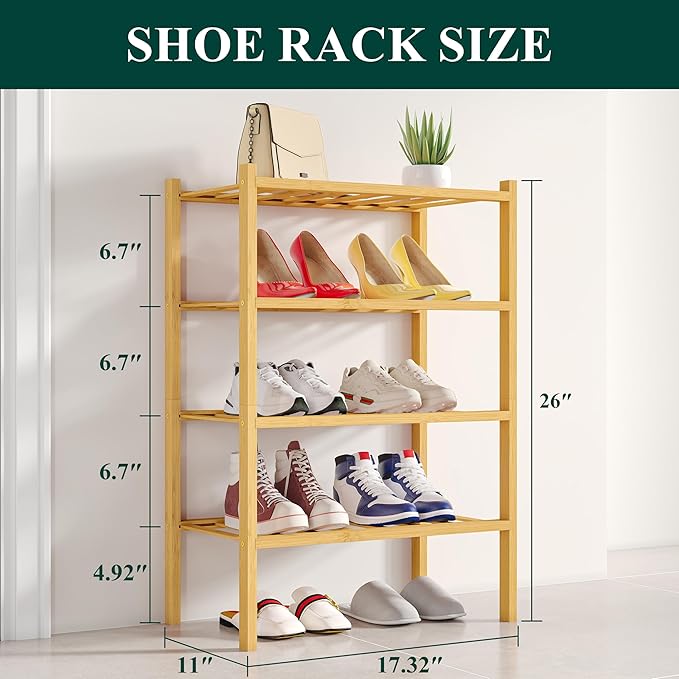 Smiry Shoe Rack, 4 Tier Small Bamboo Shoe Organizer, Stackable Free Standing Wooden Shoe Storage Shelf for Closet, Entryway, Front Door Entrance, Natural-NeatNest