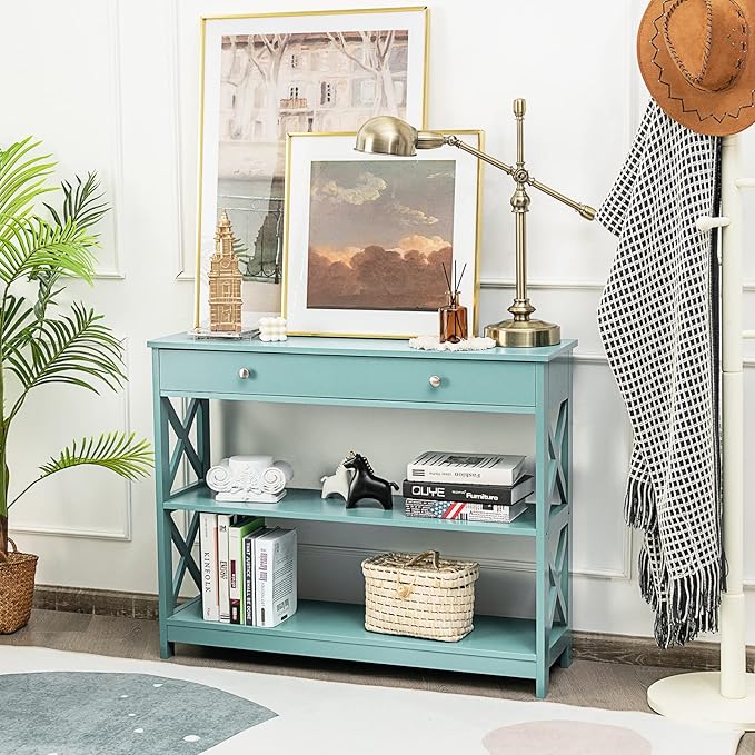 GOFLAME 39" Console Sofa Table with Drawers, 3-Tier Narrow Entry Table with Storage Shelves for Living Room Behind Couch, Entryway, Hallway (Green)-NeatNest