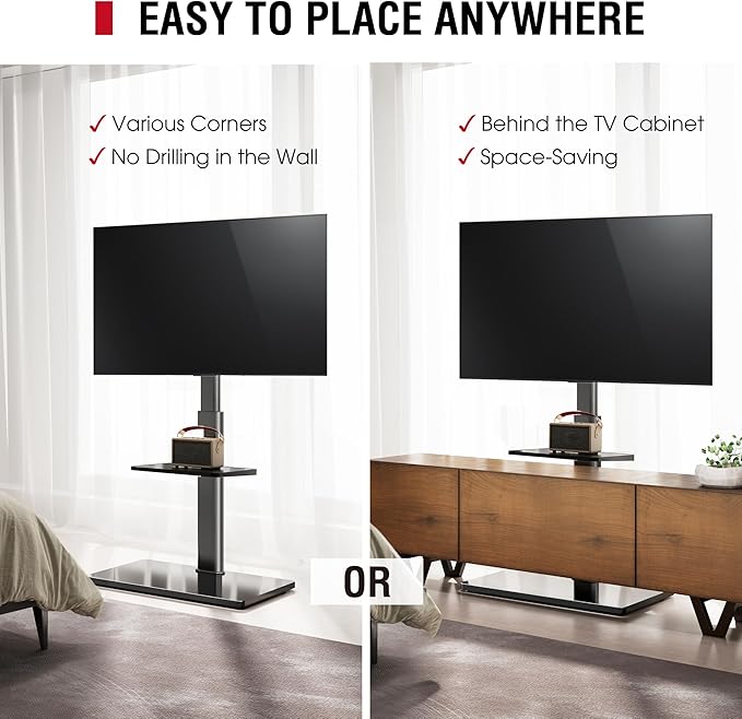 Floor TV Stand with 60-Degree Swivel, TV Floor Stand for 32-65 inch TVs up to 88lbs with Tilt, 8 Level Height Adjustable Tall TV Mount Stand with Shelf, Tempered Glass Base, MAX VESA 400x400mm