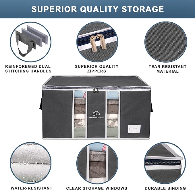 Clothes Storage Bag Organizer for, Blankets, Clothing, Comforters and Bedding Sets - Stackable with Zippers - Clear Window - 3 Pack Grey-NeatNest