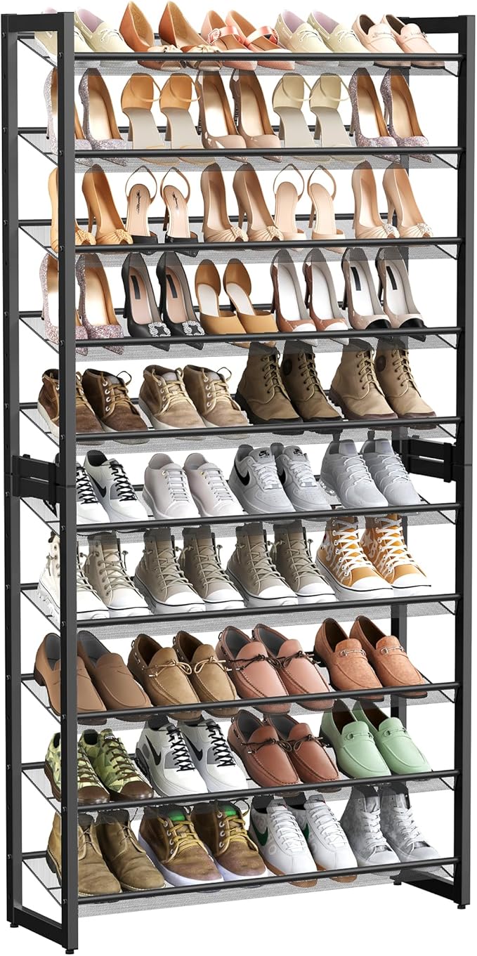 SONGMICS Shoe Rack, 10-Tier Shoe Organizer, Metal Rack for Garage, Set of 2, 5-Tier Stackable Shelf, with Adjustable Flat or Angled Shelves, 40-50 Pairs, Ink Black ULMR010B01-NeatNest