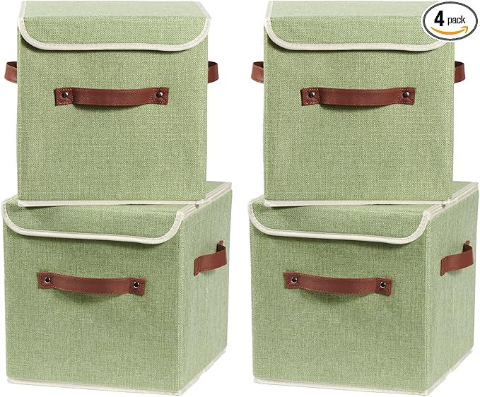 4PCS Storage Cubes with Lid Fabric Storage Bins Boxes PU Leather Handles Cotton Linen Closet Organizer Container Decorative Foldable Washable Shelf Cloth Basket (Flip-top Lid, Green, 11in)-NeatNest