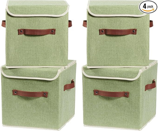 4PCS Storage Cubes with Lid Fabric Storage Bins Boxes PU Leather Handles Cotton Linen Closet Organizer Container Decorative Foldable Washable Shelf Cloth Basket (Flip-top Lid, Green, 11in)-NeatNest