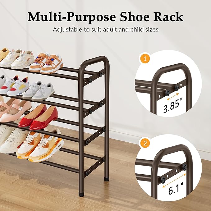 4 Tier Shoe Rack for Closet,Shoe Organizer, 28“ Metal Shelf Can Expandable to 42“, for Bedroom, Entryway, Living Room, Garage, Adjustable to 24 Pairs Shoes, Rustic Brown-NeatNest