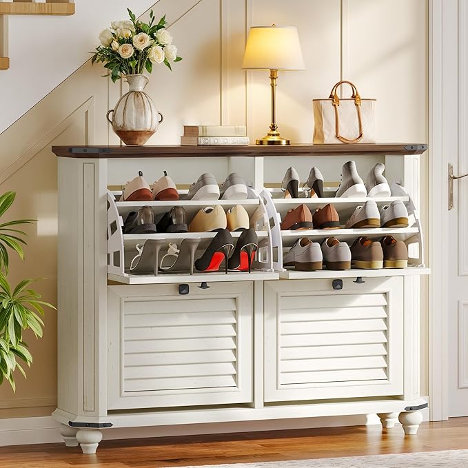 DWVO Shoe Cabinet with 4 Flip Drawers, Farmhouse Shoe Rack with Shutter-Doors, Wooden Entryway Shoe Storage Organizer, Rustic Hidden Shoe Cabinet for Foyer, Hallway, Living Room, White-NeatNest
