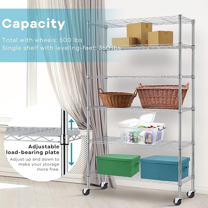 6-Tier Storage Shelf, Wire Shelving on Casters, NSF Height Adjustable Heavy Duty Metal Rack with Wheels for Office Bathroom Kitchen Garage Organization 2100 LBS Capacity-48 L×18" W×82" H-Chrome-NeatNest
