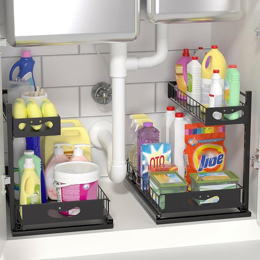 Under Sink Organizer with Pull-Out Drawers,Kitchen Sink Organizer,2 Tier Bathroom Organizers And Storage,Bathroom Accessories Set,Black 2 Pack-NeatNest