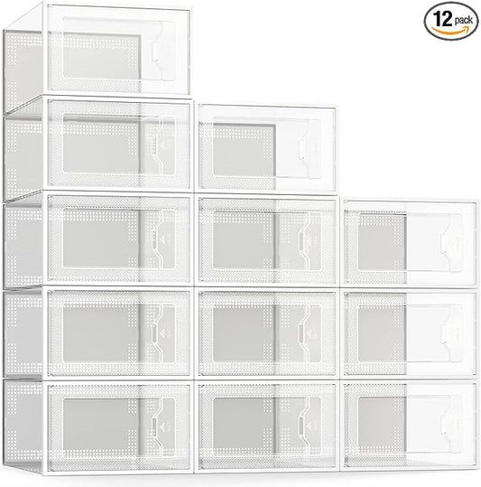 SEE SPRING X-Large Shoe Storage Box Fit Size 11, Clear Plastic Stackable Shoe Organizer for Closet, Space Saving Foldable Shoe Rack Sneaker Container Bin Holder, 12 Pack Clear-NeatNest