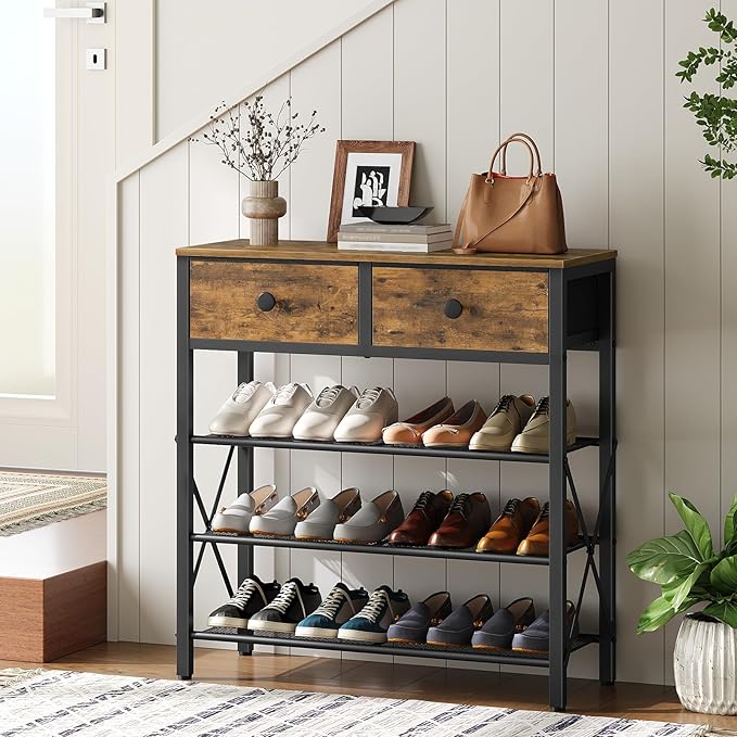 4 Tier Shoe Rack, Large Capacity Shoe Storage Organizer, Metal Shoe Shelf with Drawer and Wooden Top, for 16 Pairs of Shoes, for Entryway, Closet, Rustic Brown and Black SS24BR-NeatNest