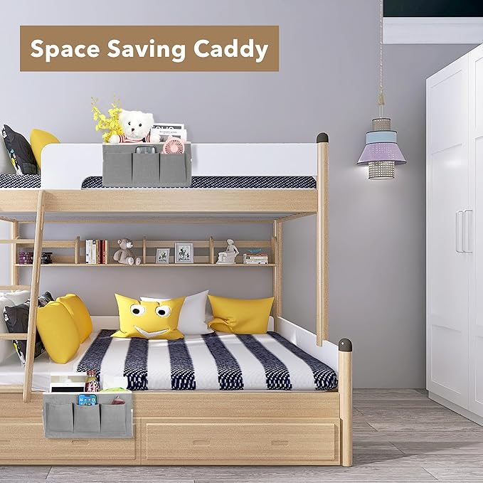 Beside Caddy Storage Organizer, Hanging Bag Holder with Pockets for Bedroom, Loft Bed Tent, Bed Curtain, Top Bunk bed Shelf Accessories Bedside Caddy 3-pocket (Gray_1pcs)-NeatNest