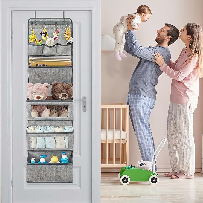 VICTORICH All-IN-ONE Over the Door Organizer, Super Behind the Door Storage Organizer with Door Rack and Large Clear Windows, Wall File Organizer, Hanging Organizer (New Herringbone Gray)