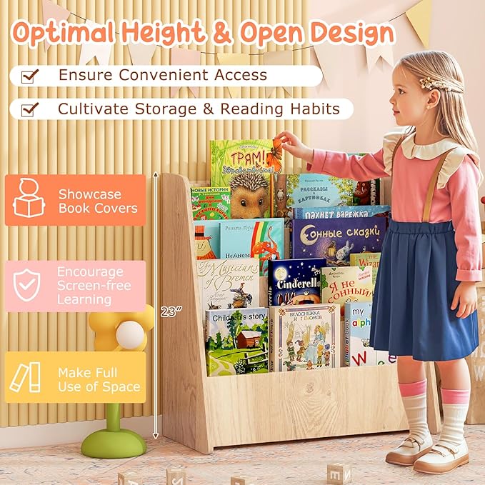 Costzon 4-Tier Kids Bookshelf, Front Facing Children Bookcase with Deep Compartments, Magazine Storage Rack for Kids Bedroom, Playroom, Nursery, Classroom, Kindergarten (Natural)-NeatNest