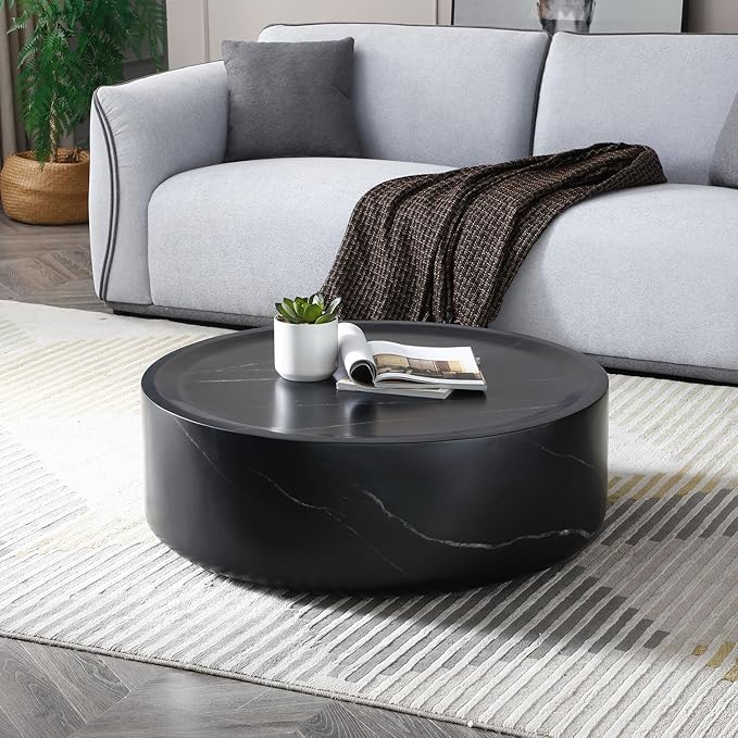 Marble Coffee Table, Modern Round Coffee Table, Circle Drum Coffee Tables, Fiberglass Center End Table for Living Room Apartment Office, No Assembly (31.49" Faux Marble Black)