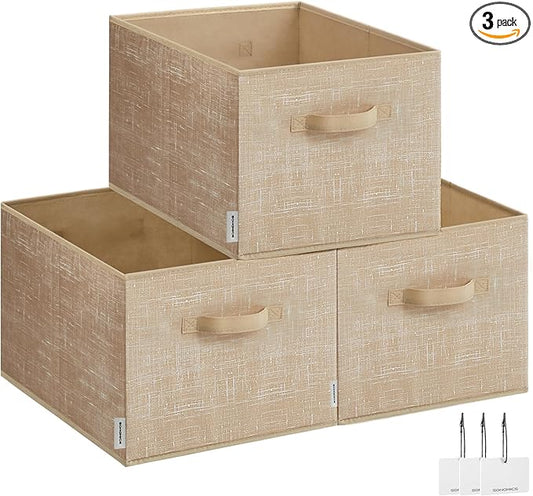SONGMICS Storage Baskets, Set of 3 Fabric Storage Bins, 15.7 x 11.8 x 9.5 Inches, Foldable Closet Organizer for Shelves, 2 Handles, Label Holders, for Bedroom, Living Room, Sand Beige UROB440K01