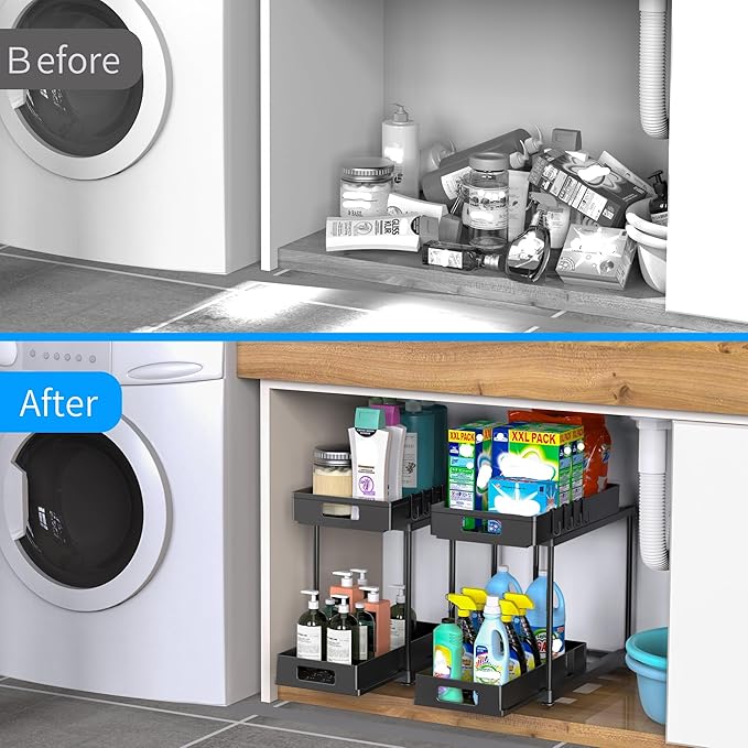 Under Sink Organizers and Storage, 2 Pack Large Capacity Heavy Load Double Pull-out Under Sink Shelves with Sliding Drawer for Kitchen and Bathroom, Black-NeatNest