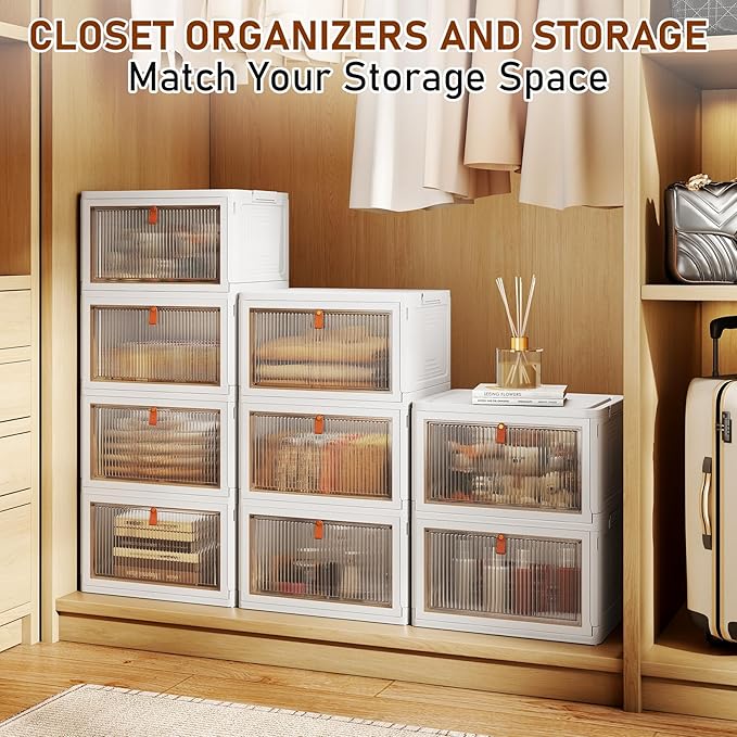4 Tier Storage Bins with Lids, 23QT Stackable Closet Organizers and Storage with Wheels, Collapsible Storage Boxes, Foldable Plastic Storage Containers for Home,Office, Dorm Room-NeatNest