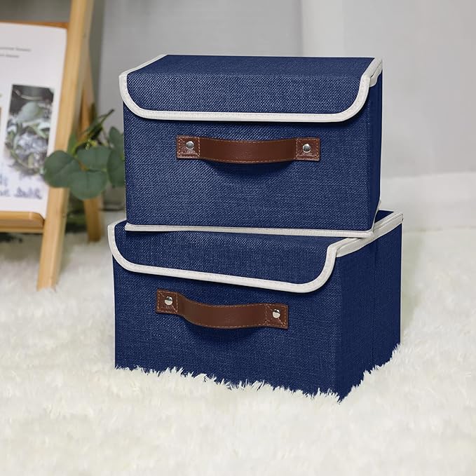 ANMINY 2PCS Storage Bins with Lid PU Leather Handles Storage Boxes PP Plastic Board Decorative Foldable Lidded Cotton Linen Fabric Home Cubes Baskets Closet Organizer Containers - Blue, Small Size-NeatNest