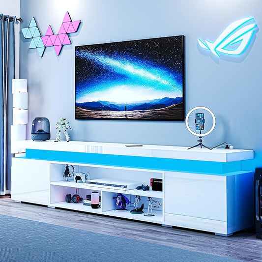 72" Modern TV Stand with LED Lights and Power Outlet for TVs Up to 80 inch, High Gloss Finish Entertainment Center, TV Console Cabinet with Storage for Living Room, White-NeatNest