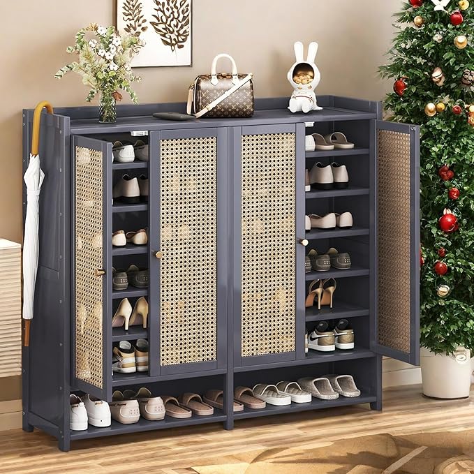 Bamboo Shoe Cabinet, 8-Tier Shoe Storage Cabinet with Doors, Freestanding Bamboo Shoe Rack Organizer with Shelves for Entryway, Hallway, Closet, Living Room (Grey)