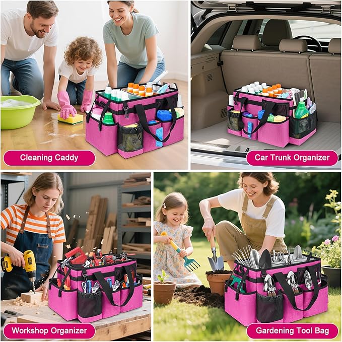 Cleaning Caddy Bag, Large Cleaning Supplies Organizer for Housekeepers, Housekeeping Caddy with Handle and Detachable Padded Cushion, Pink-NeatNest