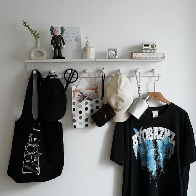 Entrance Coat Rack ，Coat Hooks, Wall-Mounted Wooden Hook Rack, Wall-Mounted Shelves are Very Suitable (White Finish-2)