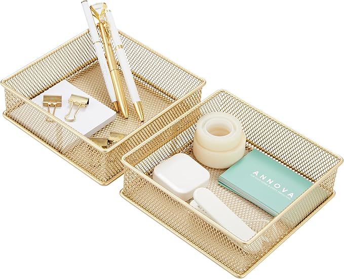 Annova Mesh Stackable Drawer Cabinet and Shelf Organizer Bins Storage Basket School Office Supply Holder Tray- Set of 2 (Gold, 6x6x2 Inch)-NeatNest