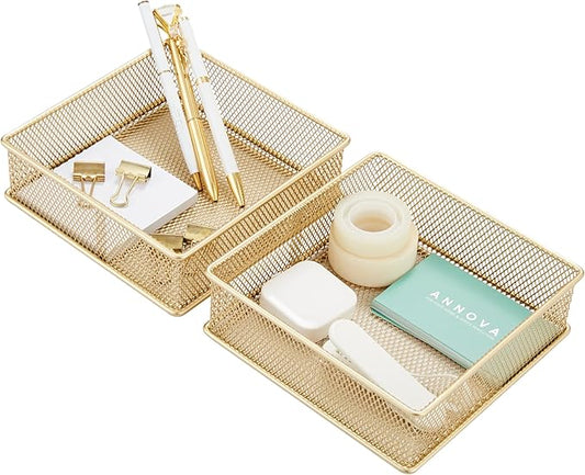 Annova Mesh Stackable Drawer Cabinet and Shelf Organizer Bins Storage Basket School Office Supply Holder Tray- Set of 2 (Gold, 6x6x2 Inch)-NeatNest