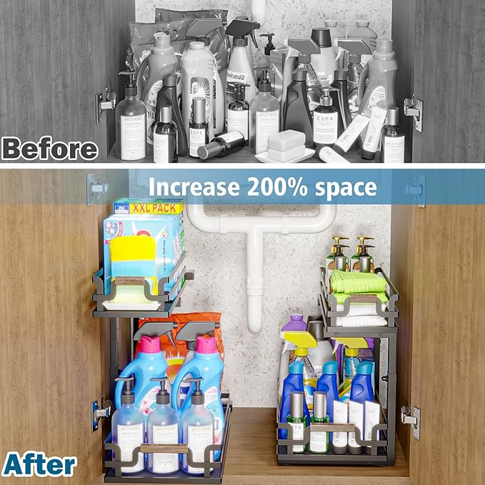 Under Sink Organizers, 2 Tier Slide Out Under Sink Organizers, Under Sink Storage for Bathroom Kitchen (1 Pack)-NeatNest