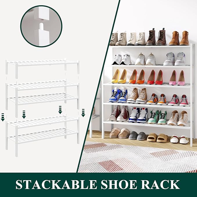 Smiry Shoe Rack, 3 Tier Long Bamboo Shoe Organizer, Stackable Free Standing Wooden Shoe Storage Shelf for Closet, Entryway, Front Door Entrance, White-NeatNest