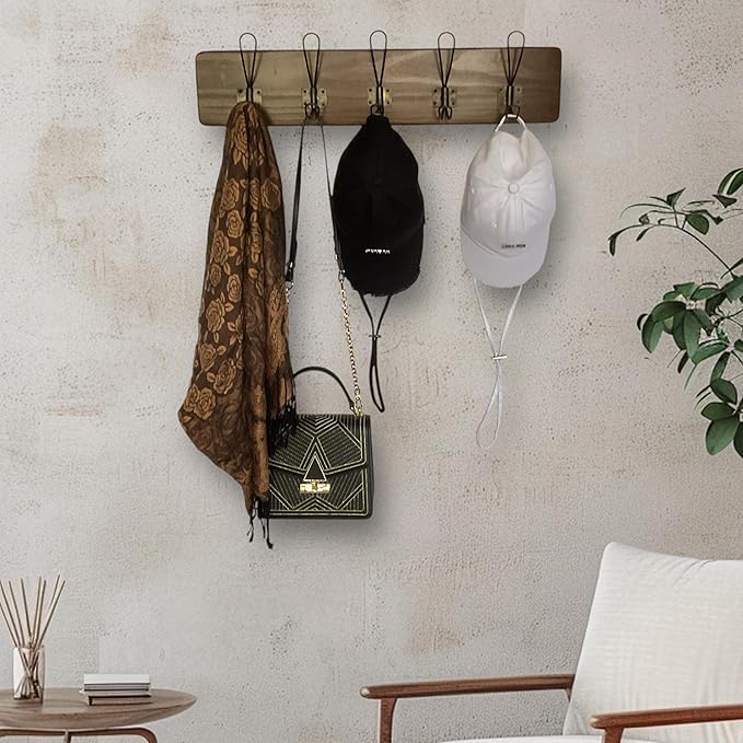 Coat Hanger Wall Mount - 24 Inch Coat Rack with 5 Hooks, Rustic Farmhouse, Handcrafted Pine, Bag, Dog Leash Holder for Wall, Durable Entryway Organizer, Expresso Finish-NeatNest