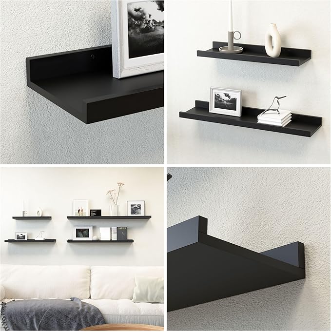 47.2 Inches Long Floating Shelves Wall Mounted, 2 Set Modern Wall Shelf for Bedroom, Nursery Book Shelf with Lip, Picture Ledge Shelf for Wall Decor Living Room Bathroom Kitchen - Black-NeatNest