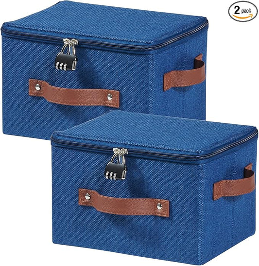 2PCS Storage Bins Box with Zipper Lid Combination Lock PU Leather Handles Cotton Linen Fabric Lidded Lockable Basket Foldable Washable Closet Shelf Organizer Container (Deep Blue, Small)