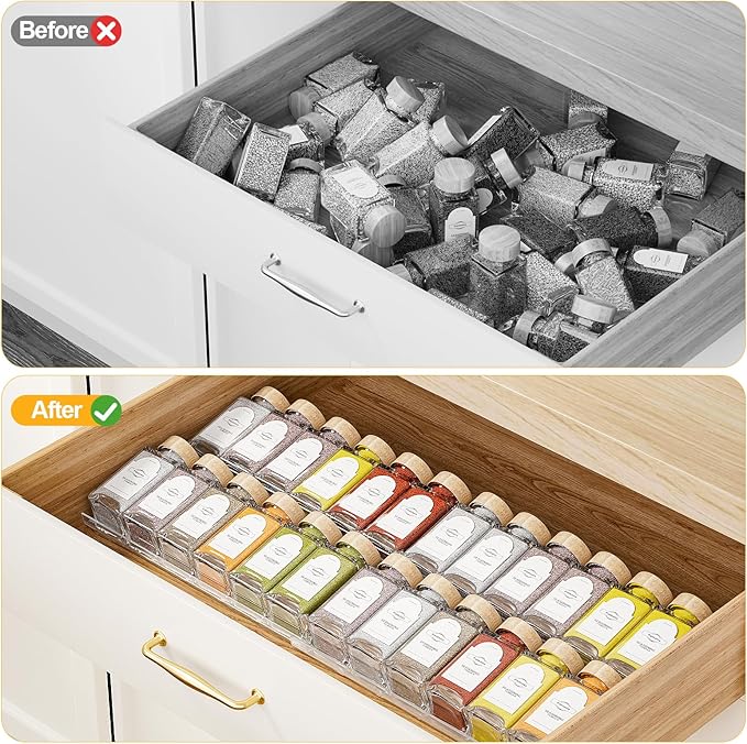 2-Tier Spice Drawer Organizer 2 Pack, Expandable from 11" to 22" Clear Acrylic Spice Rack for Drawer, Kitchen Spice Organization, Seasoning Organizer Holds Up to 24 Jars(Jars Not Included)-NeatNest