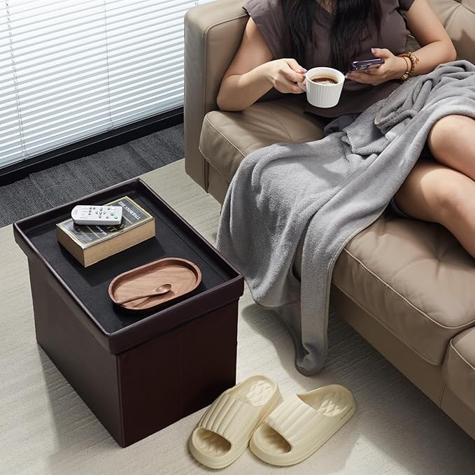 AmasSmile Storage Ottoman Folding Foot Rest Stool with Side Pocket, 16 inch Leather Footstool Bench, Short Ottoman Bench, Storage Foot Rest Store, Books, Brown-NeatNest