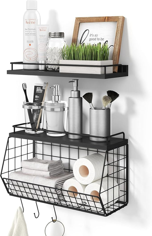 Bathroom Shelves Over Toilet Wall Mounted Floating Shelves with Wire Basket and Hooks Metal Shelf Organizer for Bathroom, Bedroom, Living Room, Kitchen, Home Storage-NeatNest